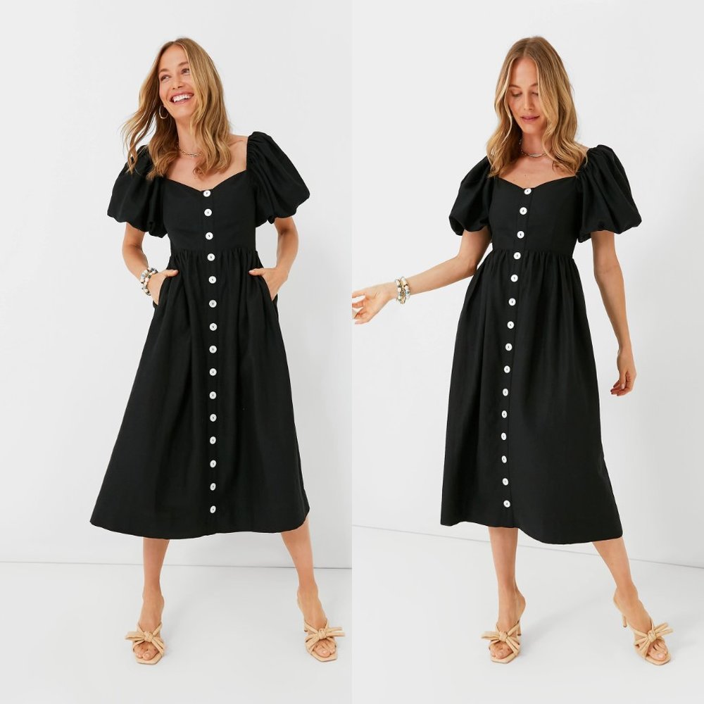 Pomander Place NEW Alexis Puff Sleeve Black Linen Pockets Midi Dress Size L - Picture 2 of 11
